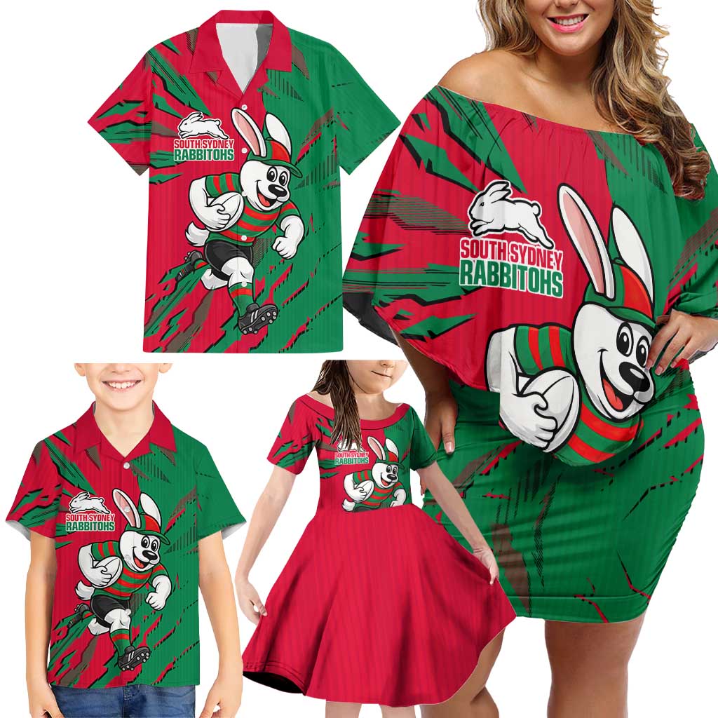 Personalized South Sydney Rabbitohs Family Matching Off Shoulder Short Dress and Hawaiian Shirt Dynamic Lightning Mascot Rugby Australia