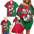 Personalized South Sydney Rabbitohs Family Matching Off Shoulder Short Dress and Hawaiian Shirt Dynamic Lightning Mascot Rugby Australia