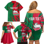 Personalized South Sydney Rabbitohs Family Matching Off Shoulder Short Dress and Hawaiian Shirt Dynamic Lightning Mascot Rugby Australia