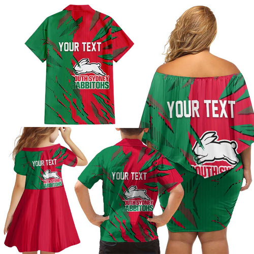 Personalized South Sydney Rabbitohs Family Matching Off Shoulder Short Dress and Hawaiian Shirt Dynamic Lightning Mascot Rugby Australia