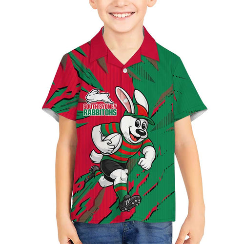Personalized South Sydney Rabbitohs Family Matching Off Shoulder Short Dress and Hawaiian Shirt Dynamic Lightning Mascot Rugby Australia