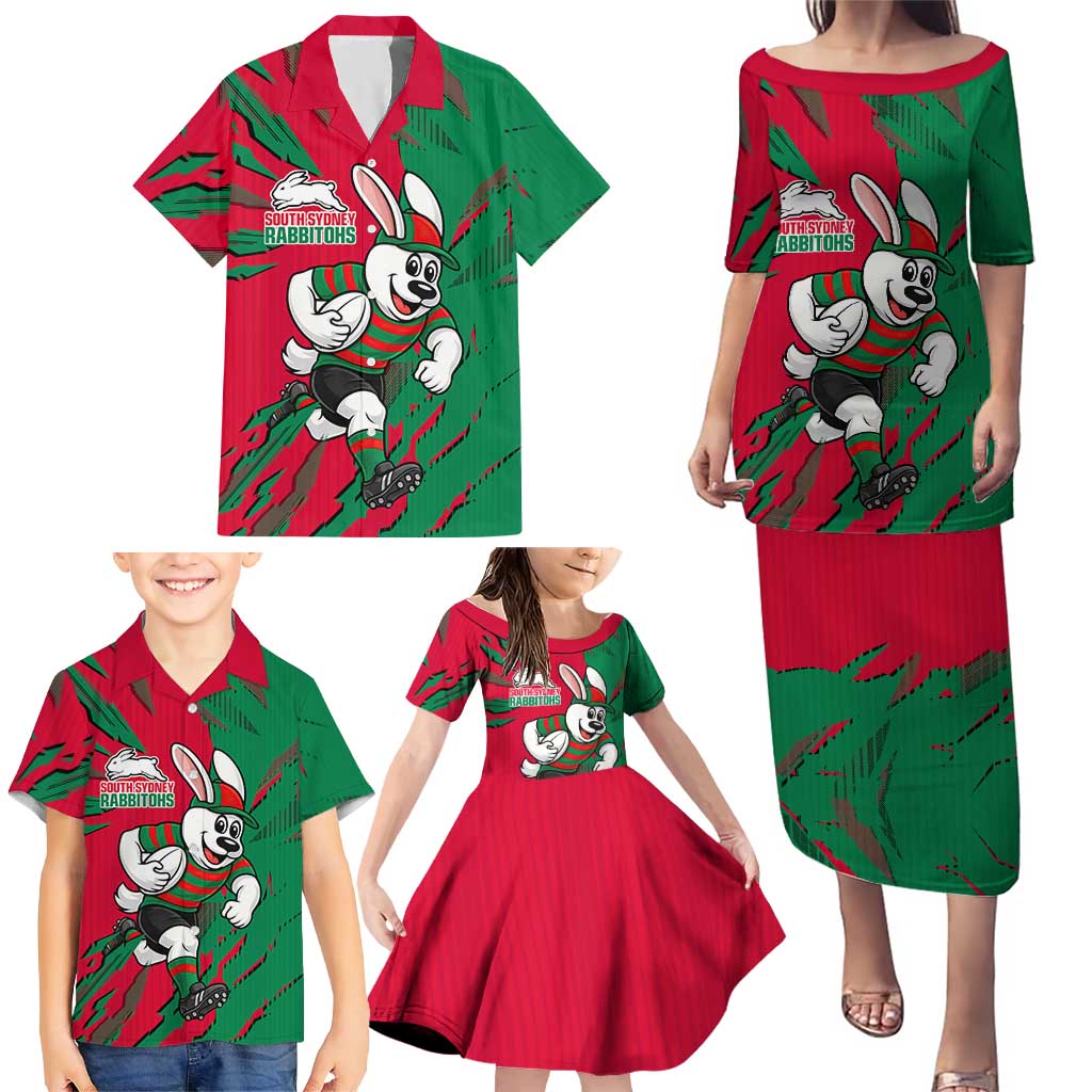 Personalized South Sydney Rabbitohs Family Matching Puletasi and Hawaiian Shirt Dynamic Lightning Mascot Rugby Australia