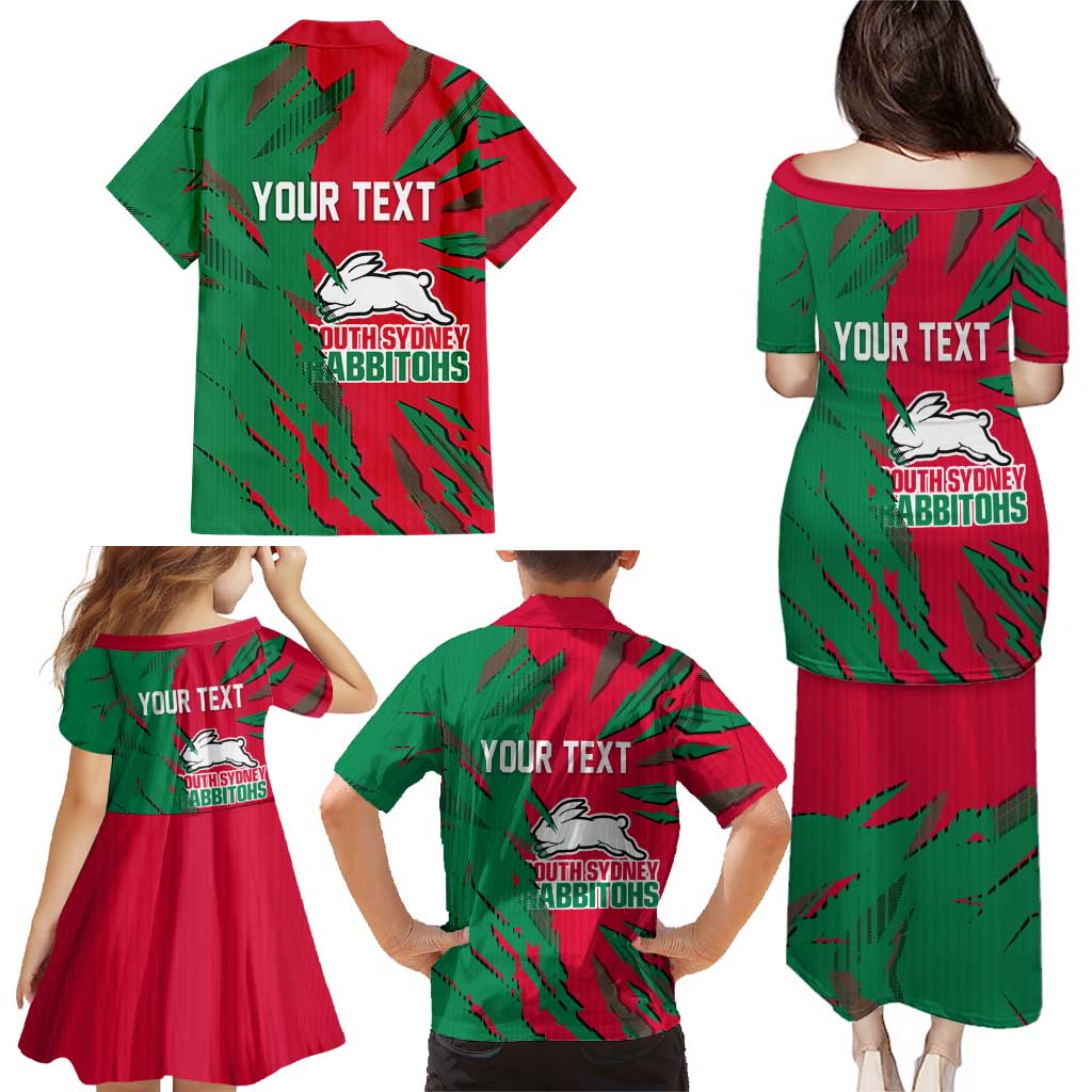 Personalized South Sydney Rabbitohs Family Matching Puletasi and Hawaiian Shirt Dynamic Lightning Mascot Rugby Australia