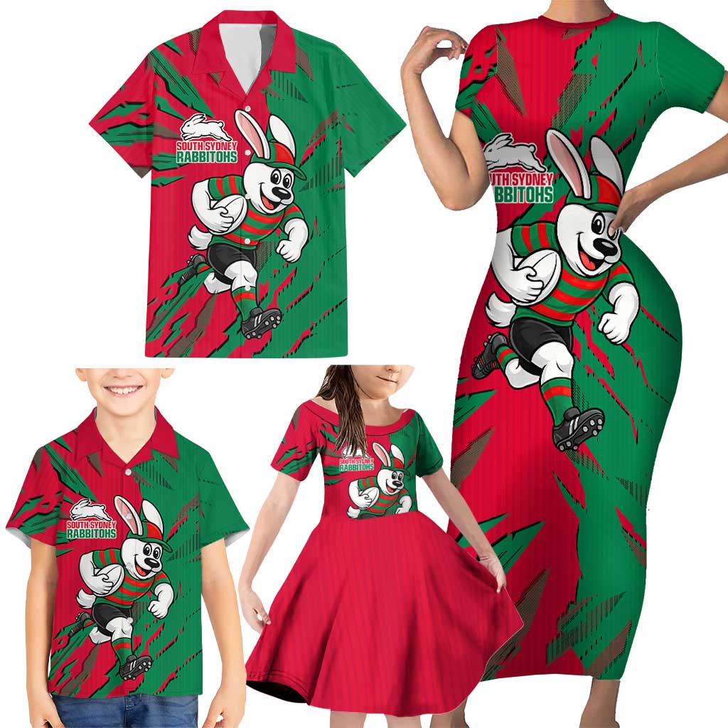 Personalized South Sydney Rabbitohs Family Matching Short Sleeve Bodycon Dress and Hawaiian Shirt Dynamic Lightning Mascot Rugby Australia