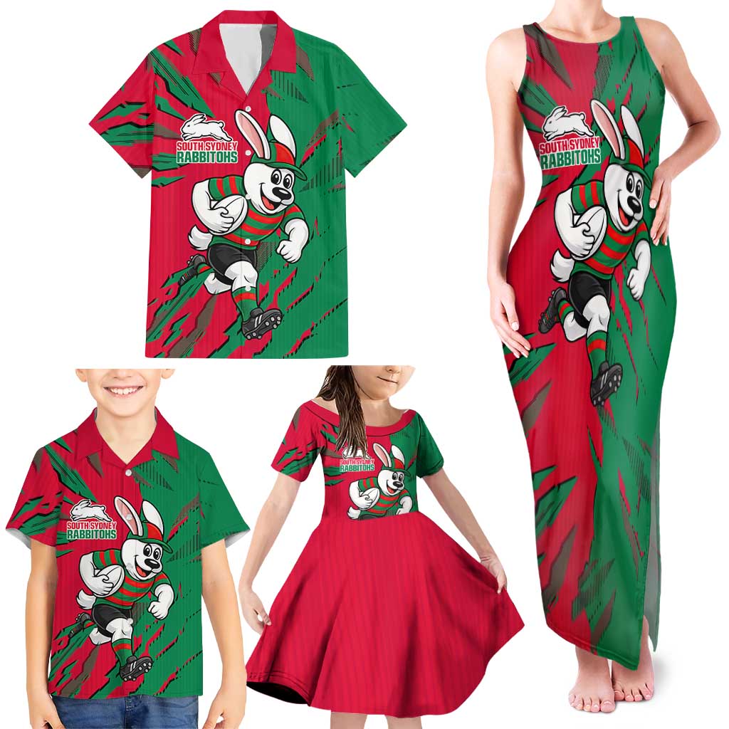 Personalized South Sydney Rabbitohs Family Matching Tank Maxi Dress and Hawaiian Shirt Dynamic Lightning Mascot Rugby Australia