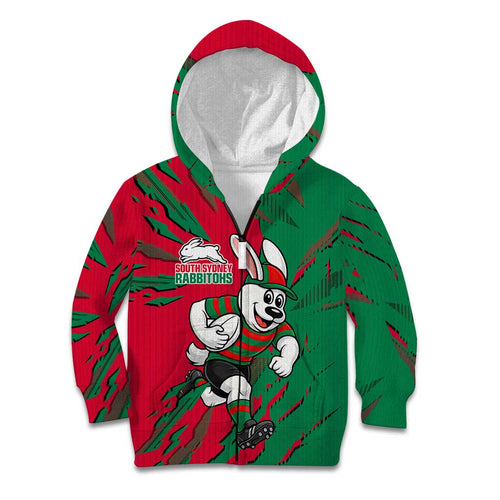 Personalized South Sydney Rabbitohs Kid Hoodie Dynamic Lightning Mascot Rugby Australia