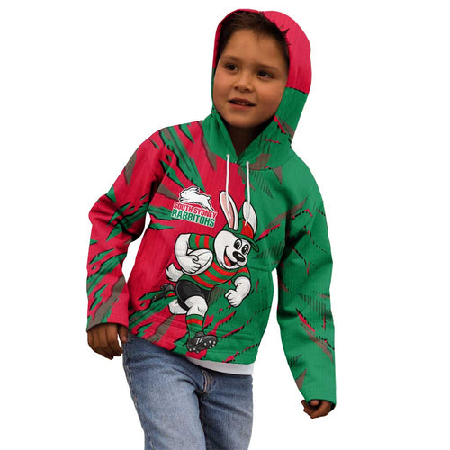Personalized South Sydney Rabbitohs Kid Hoodie Dynamic Lightning Mascot Rugby Australia