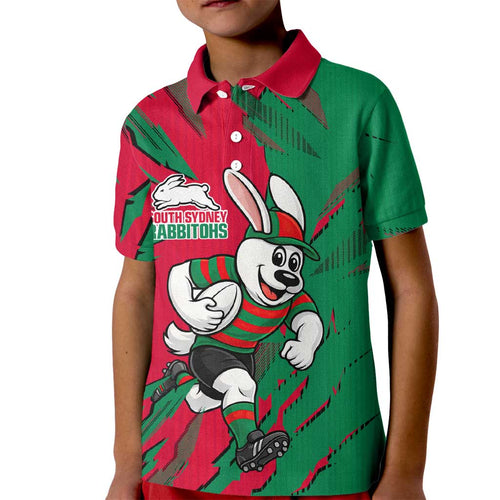 Personalized South Sydney Rabbitohs Kid Polo Shirt Dynamic Lightning Mascot Rugby Australia