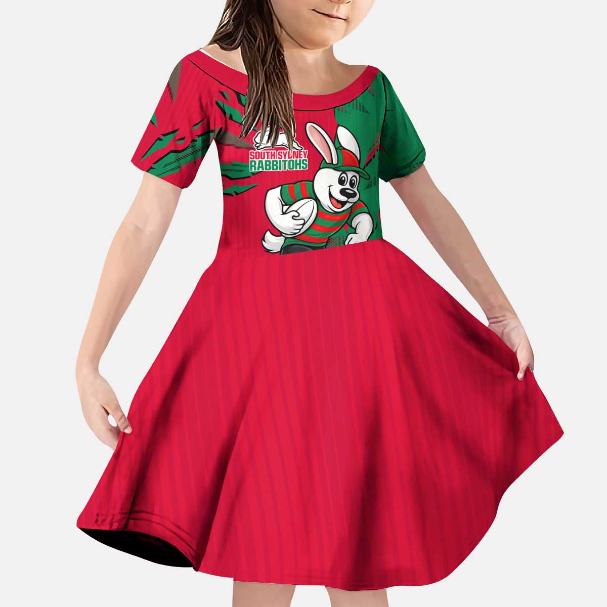 Personalized South Sydney Rabbitohs Kid Short Sleeve Dress Dynamic Lightning Mascot Rugby Australia