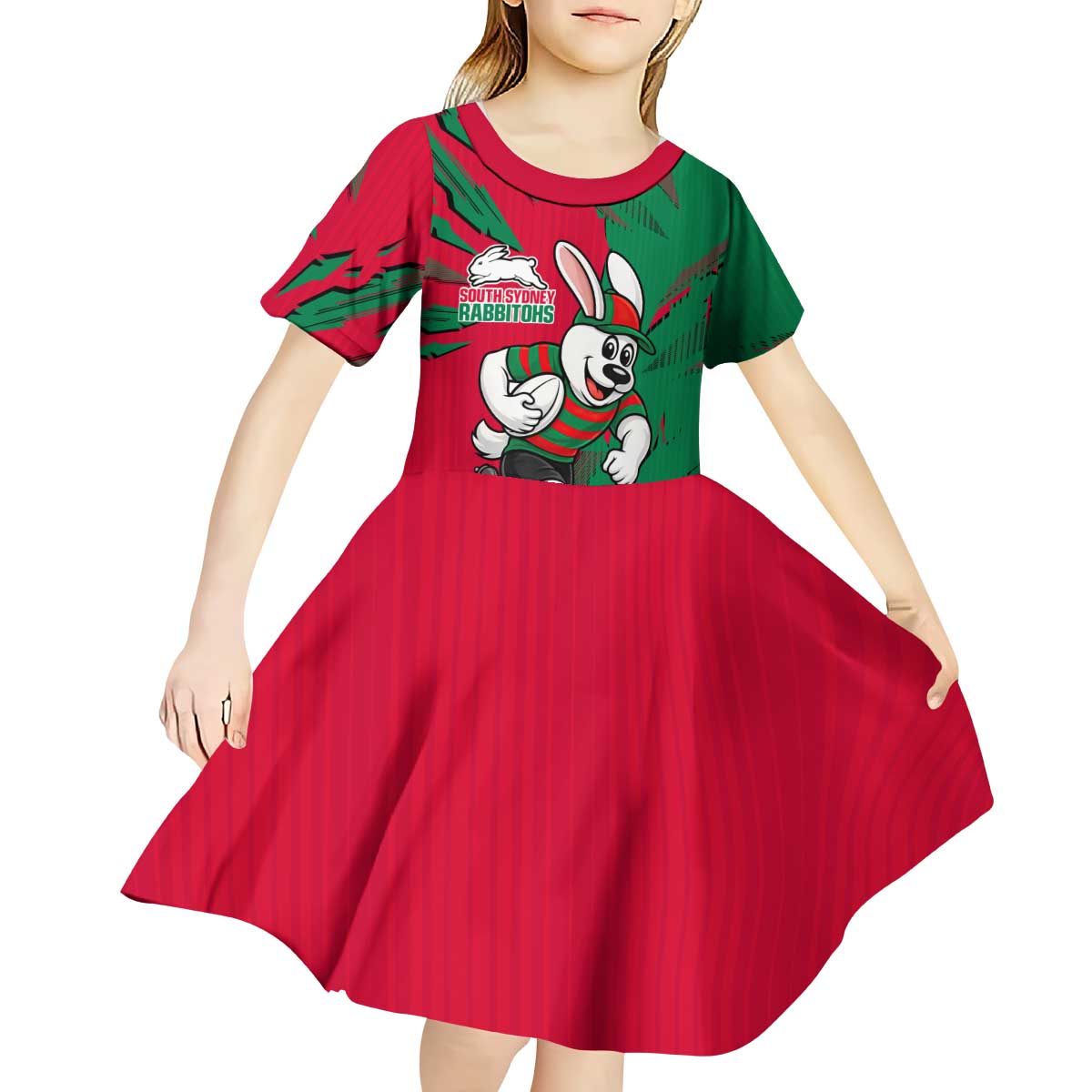 Personalized South Sydney Rabbitohs Kid Short Sleeve Dress Dynamic Lightning Mascot Rugby Australia