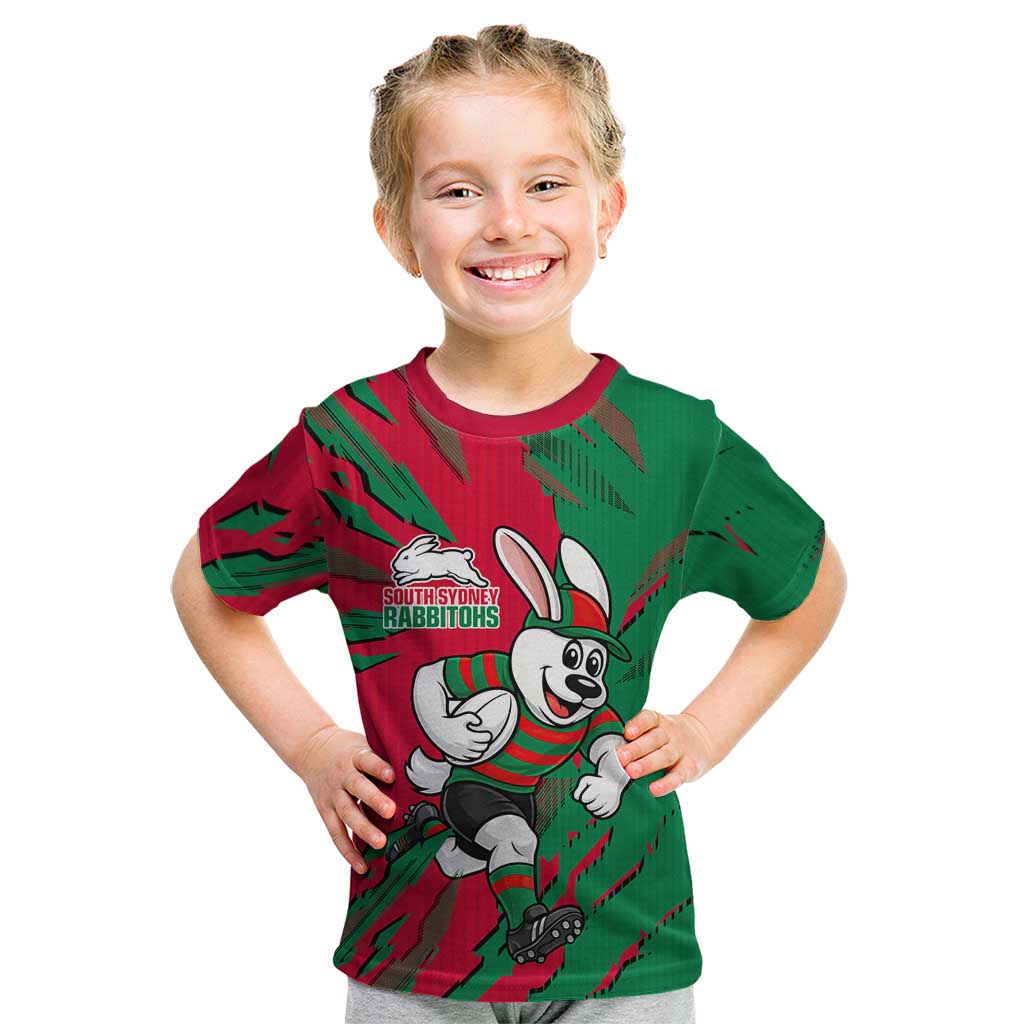 Personalized South Sydney Rabbitohs Kid T Shirt Dynamic Lightning Mascot Rugby Australia