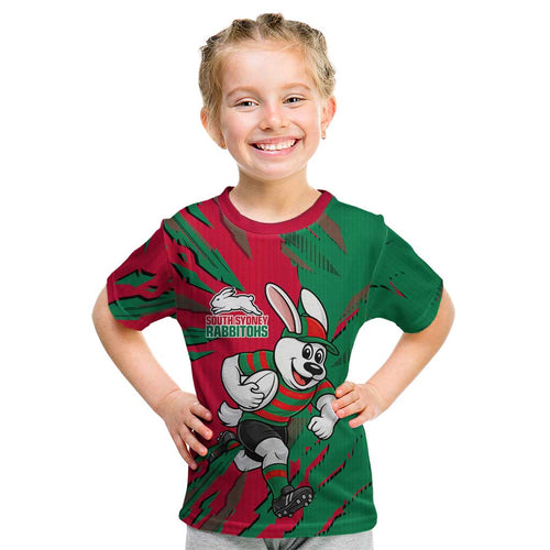 Personalized South Sydney Rabbitohs Kid T Shirt Dynamic Lightning Mascot Rugby Australia