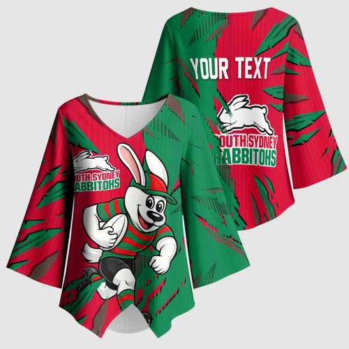 Personalized South Sydney Rabbitohs Kimono Sleeve Blouse Dynamic Lightning Mascot Rugby Australia