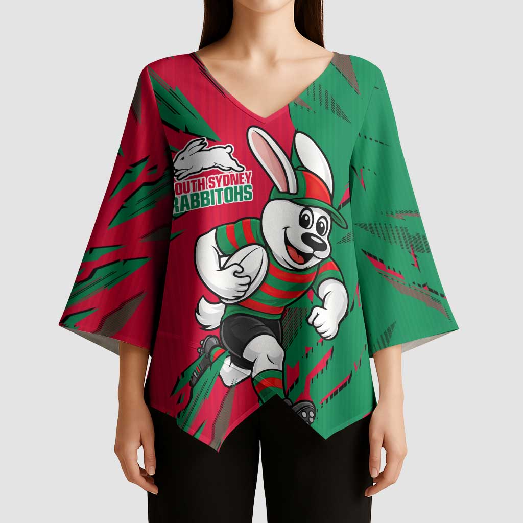 Personalized South Sydney Rabbitohs Kimono Sleeve Blouse Dynamic Lightning Mascot Rugby Australia