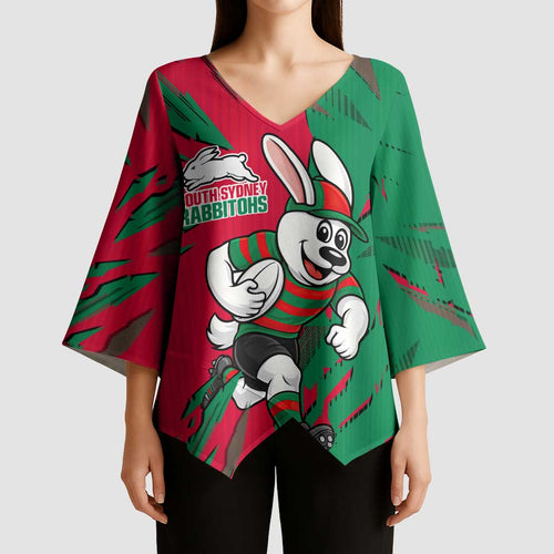 Personalized South Sydney Rabbitohs Kimono Sleeve Blouse Dynamic Lightning Mascot Rugby Australia