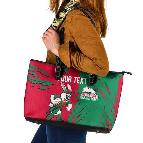 Personalized South Sydney Rabbitohs Leather Tote Bag Dynamic Lightning Mascot Rugby Australia