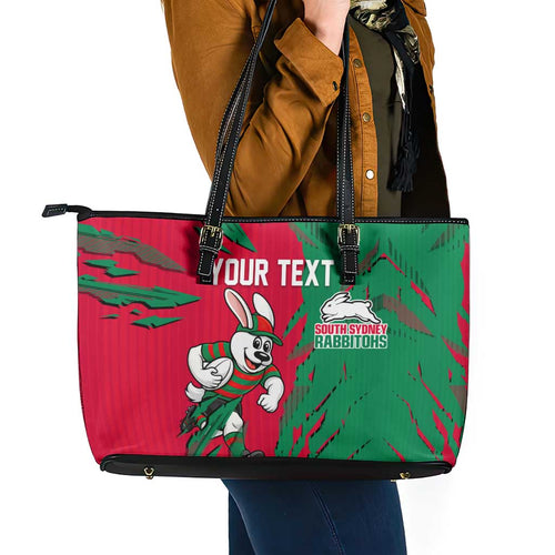 Personalized South Sydney Rabbitohs Leather Tote Bag Dynamic Lightning Mascot Rugby Australia