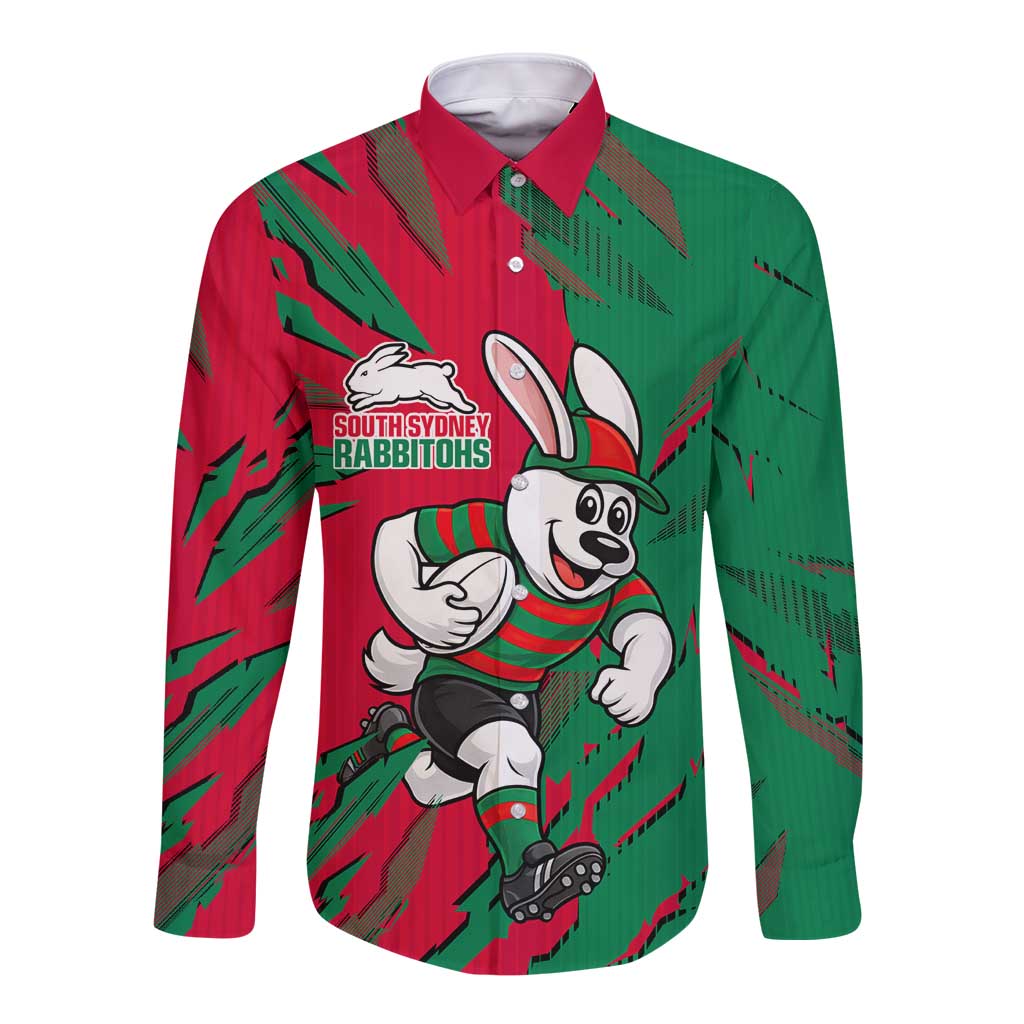 Personalized South Sydney Rabbitohs Long Sleeve Button Shirt Dynamic Lightning Mascot Rugby Australia
