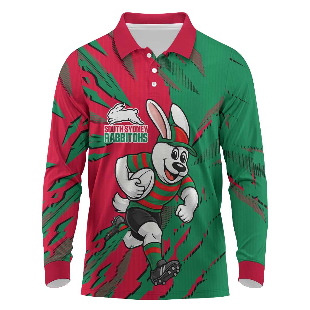 Personalized South Sydney Rabbitohs Long Sleeve Polo Shirt Dynamic Lightning Mascot Rugby Australia