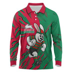 Personalized South Sydney Rabbitohs Long Sleeve Polo Shirt Dynamic Lightning Mascot Rugby Australia