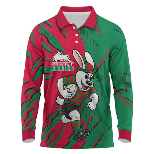 Personalized South Sydney Rabbitohs Long Sleeve Polo Shirt Dynamic Lightning Mascot Rugby Australia