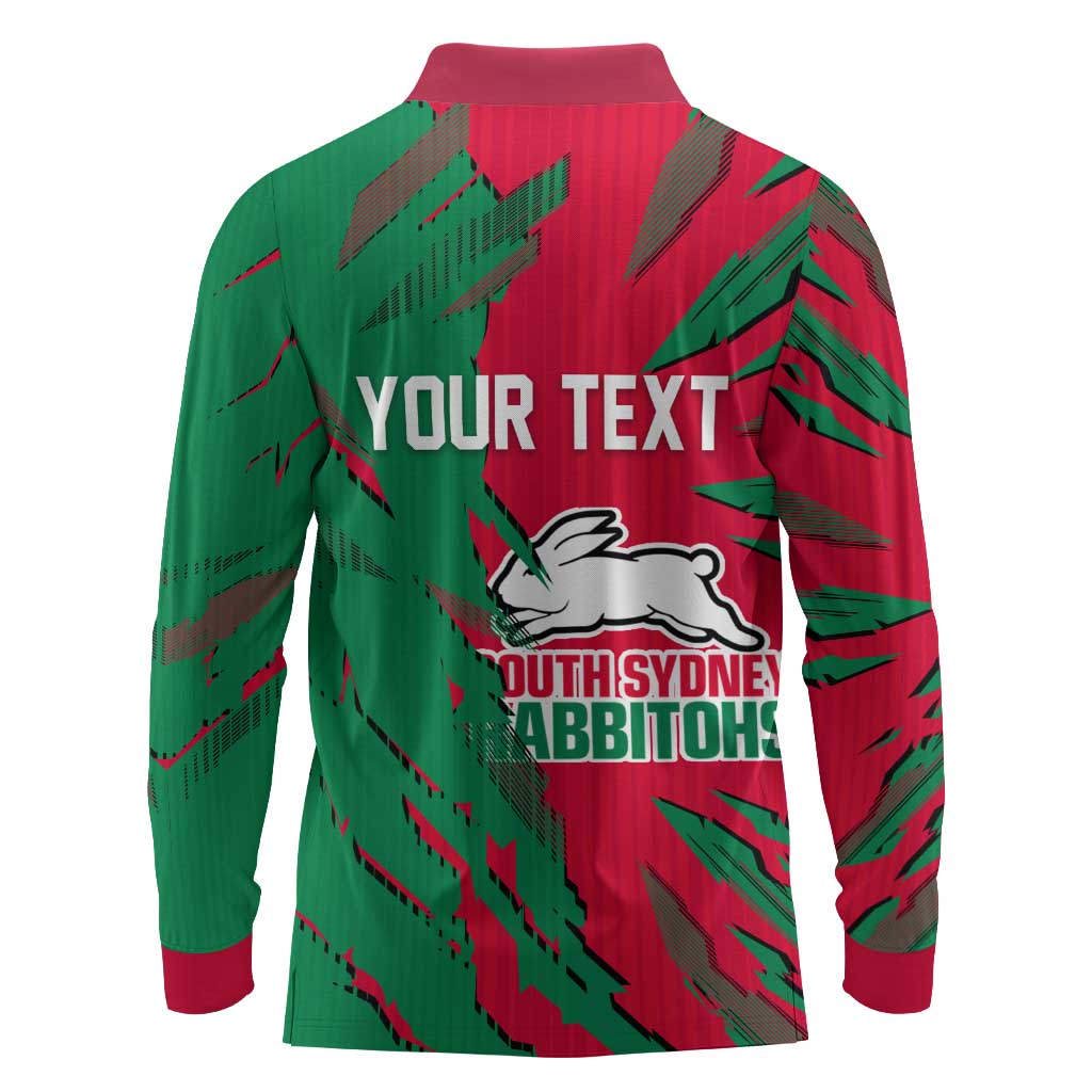 Personalized South Sydney Rabbitohs Long Sleeve Polo Shirt Dynamic Lightning Mascot Rugby Australia