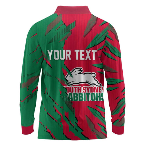 Personalized South Sydney Rabbitohs Long Sleeve Polo Shirt Dynamic Lightning Mascot Rugby Australia