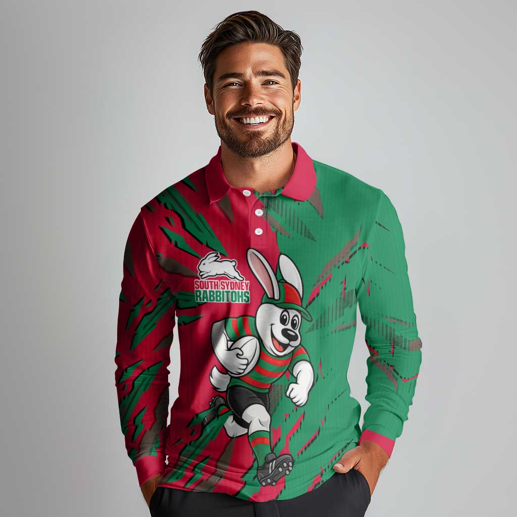 Personalized South Sydney Rabbitohs Long Sleeve Polo Shirt Dynamic Lightning Mascot Rugby Australia