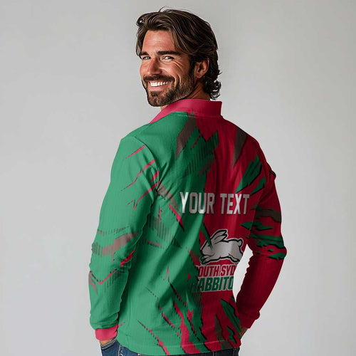Personalized South Sydney Rabbitohs Long Sleeve Polo Shirt Dynamic Lightning Mascot Rugby Australia