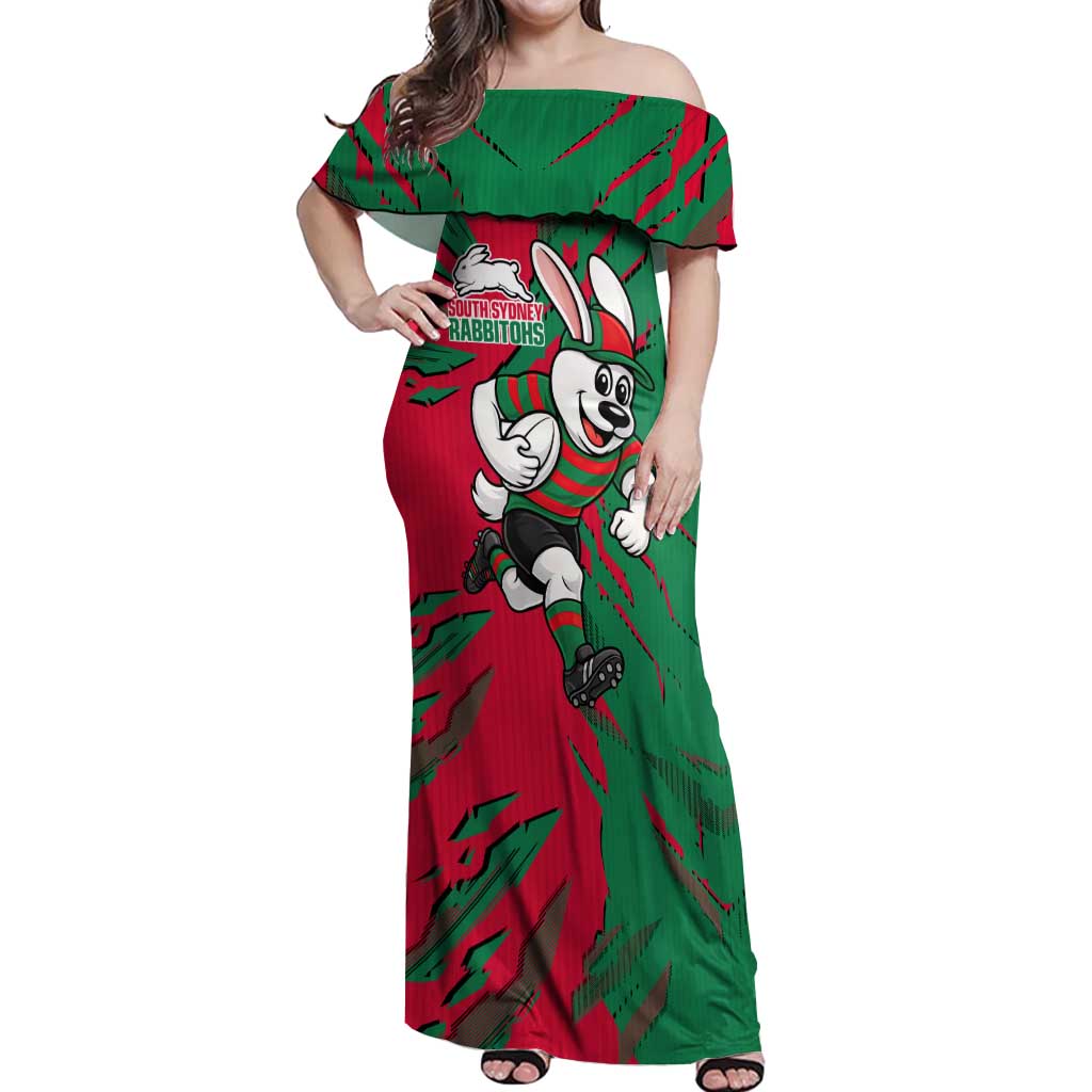 Personalized South Sydney Rabbitohs Off Shoulder Maxi Dress Dynamic Lightning Mascot Rugby Australia