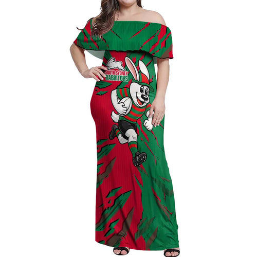 Personalized South Sydney Rabbitohs Off Shoulder Maxi Dress Dynamic Lightning Mascot Rugby Australia