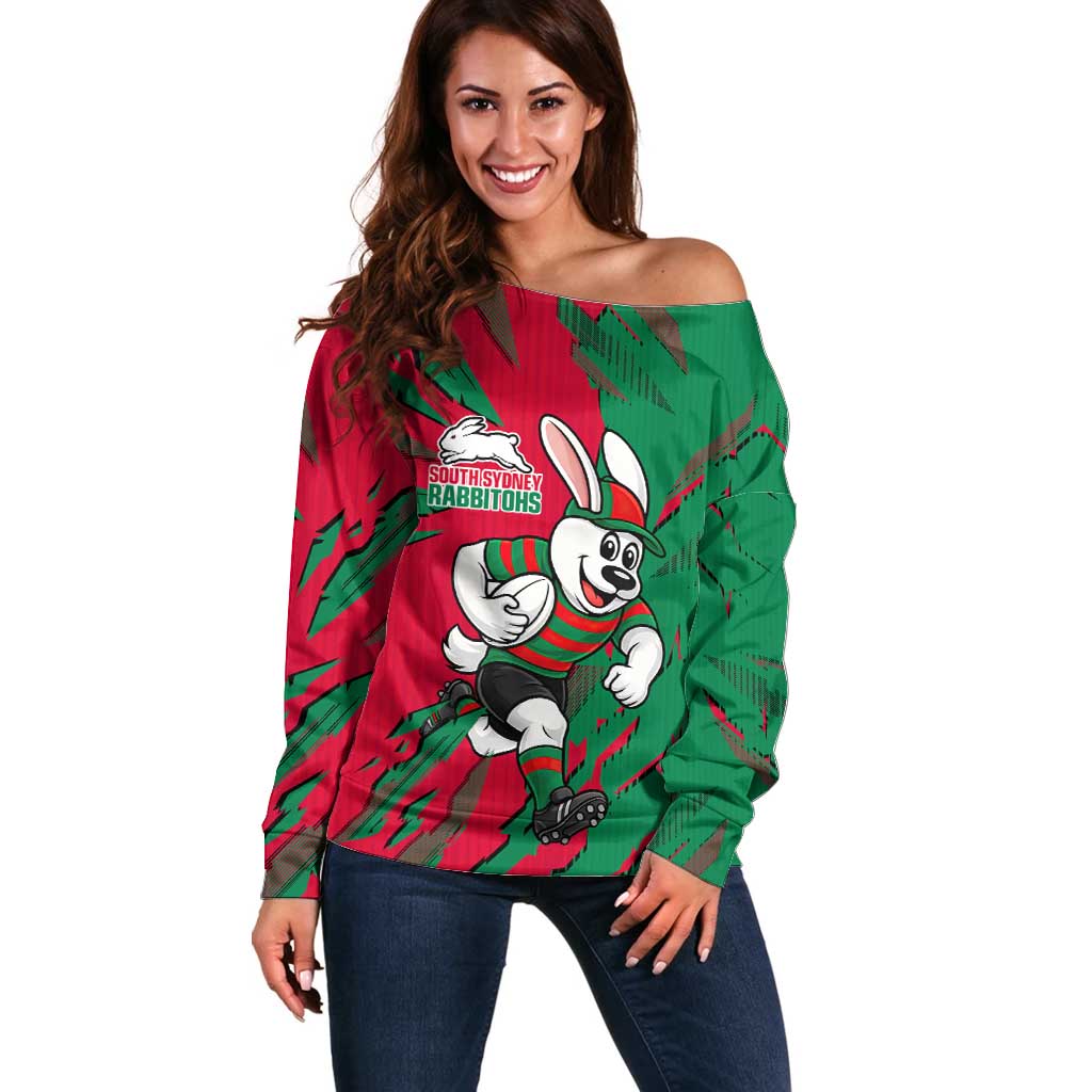 Personalized South Sydney Rabbitohs Off Shoulder Sweater Dynamic Lightning Mascot Rugby Australia