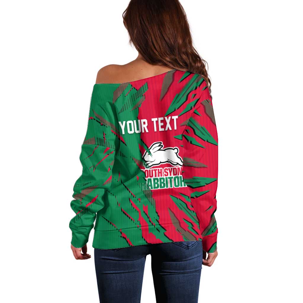 Personalized South Sydney Rabbitohs Off Shoulder Sweater Dynamic Lightning Mascot Rugby Australia