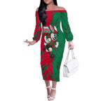 Personalized South Sydney Rabbitohs Off The Shoulder Long Sleeve Dress Dynamic Lightning Mascot Rugby Australia