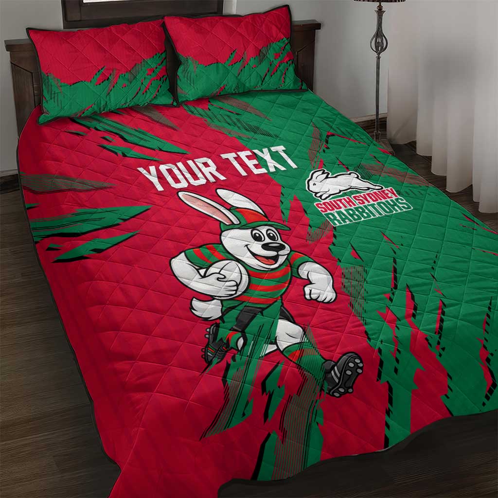 Personalized South Sydney Rabbitohs Quilt Bed Set Dynamic Lightning Mascot Rugby Australia