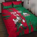 Personalized South Sydney Rabbitohs Quilt Bed Set Dynamic Lightning Mascot Rugby Australia