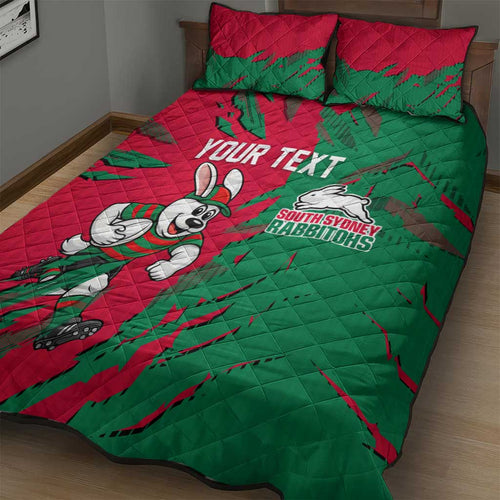 Personalized South Sydney Rabbitohs Quilt Bed Set Dynamic Lightning Mascot Rugby Australia