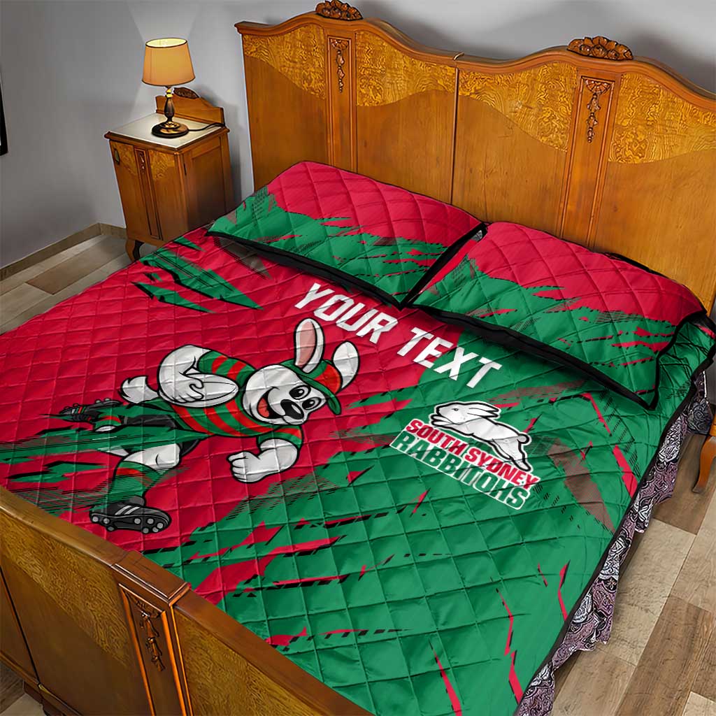 Personalized South Sydney Rabbitohs Quilt Bed Set Dynamic Lightning Mascot Rugby Australia