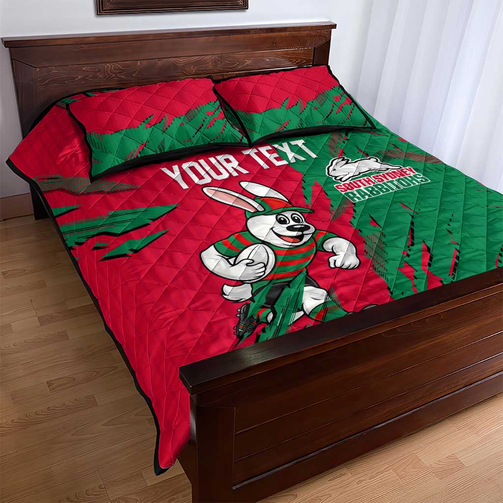 Personalized South Sydney Rabbitohs Quilt Bed Set Dynamic Lightning Mascot Rugby Australia