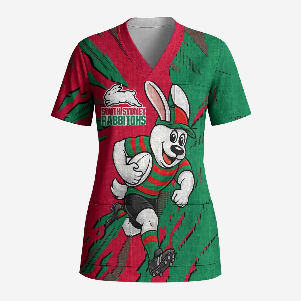 Personalized South Sydney Rabbitohs Scrub Top Dynamic Lightning Mascot Rugby Australia