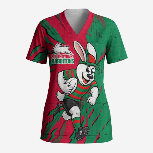 Personalized South Sydney Rabbitohs Scrub Top Dynamic Lightning Mascot Rugby Australia