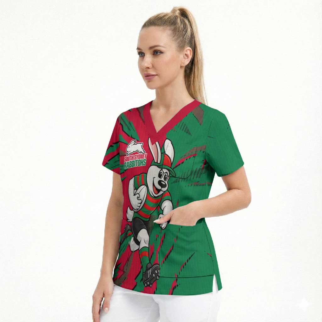 Personalized South Sydney Rabbitohs Scrub Top Dynamic Lightning Mascot Rugby Australia