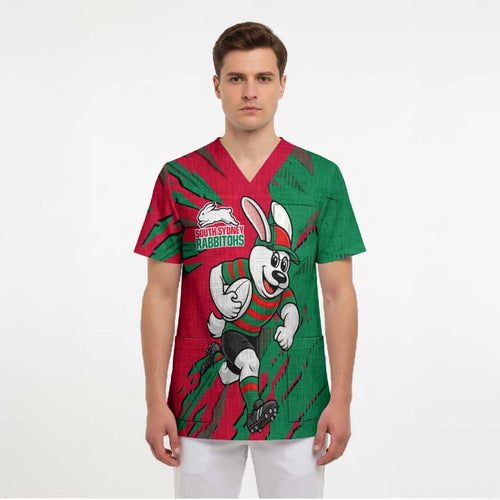 Personalized South Sydney Rabbitohs Scrub Top Dynamic Lightning Mascot Rugby Australia
