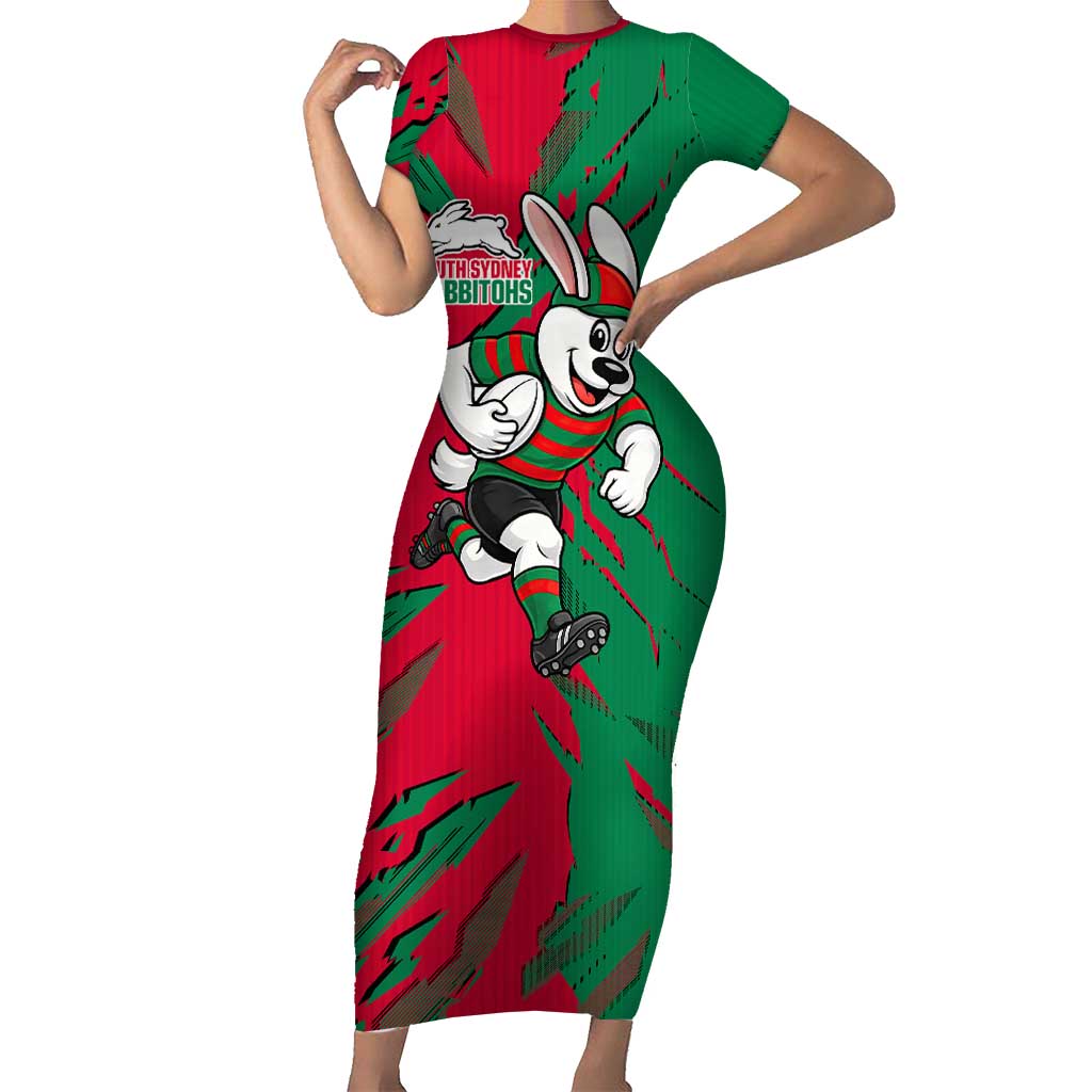 Personalized South Sydney Rabbitohs Short Sleeve Bodycon Dress Dynamic Lightning Mascot Rugby Australia