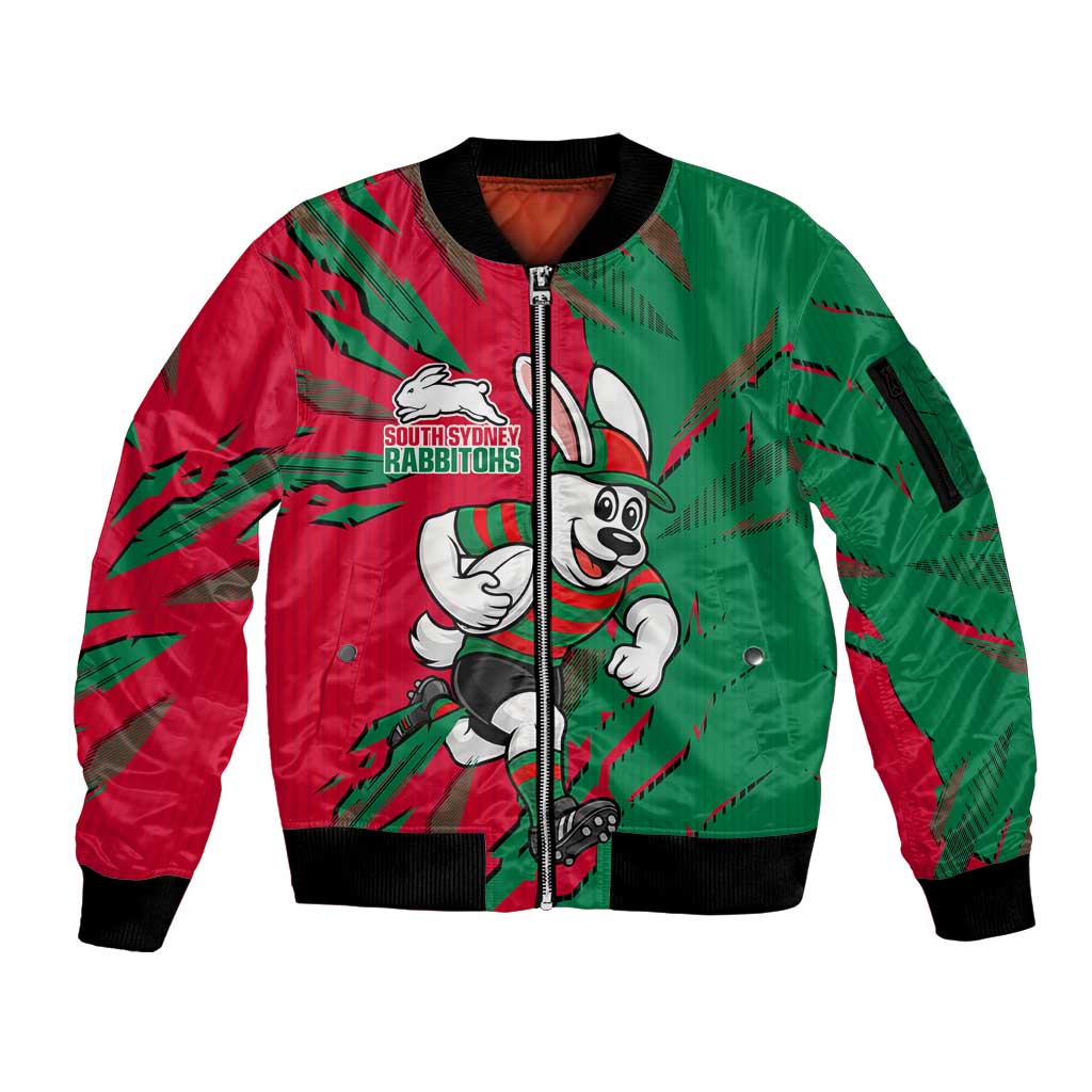 Personalized South Sydney Rabbitohs Sleeve Zip Bomber Jacket Dynamic Lightning Mascot Rugby Australia