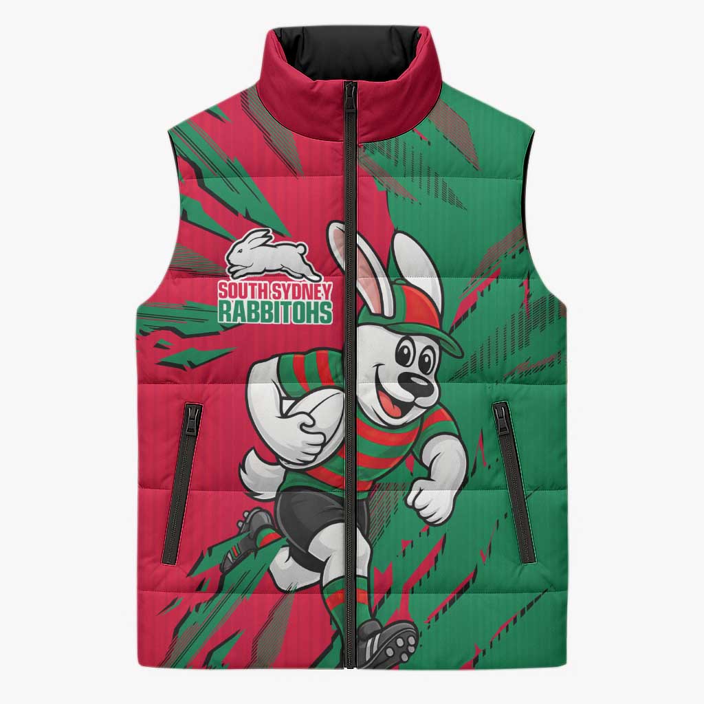 Personalized South Sydney Rabbitohs Sleeveless Puffer Jacket Dynamic Lightning Mascot Rugby Australia