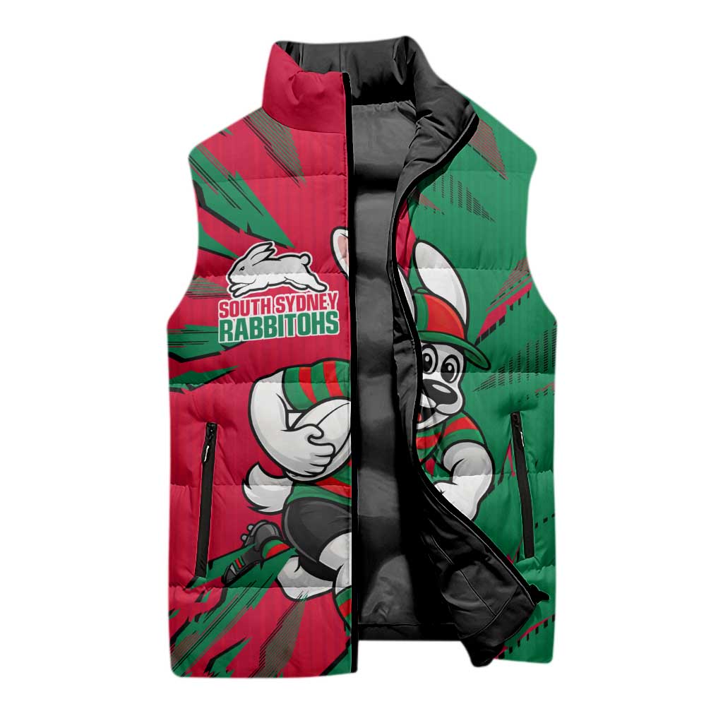 Personalized South Sydney Rabbitohs Sleeveless Puffer Jacket Dynamic Lightning Mascot Rugby Australia