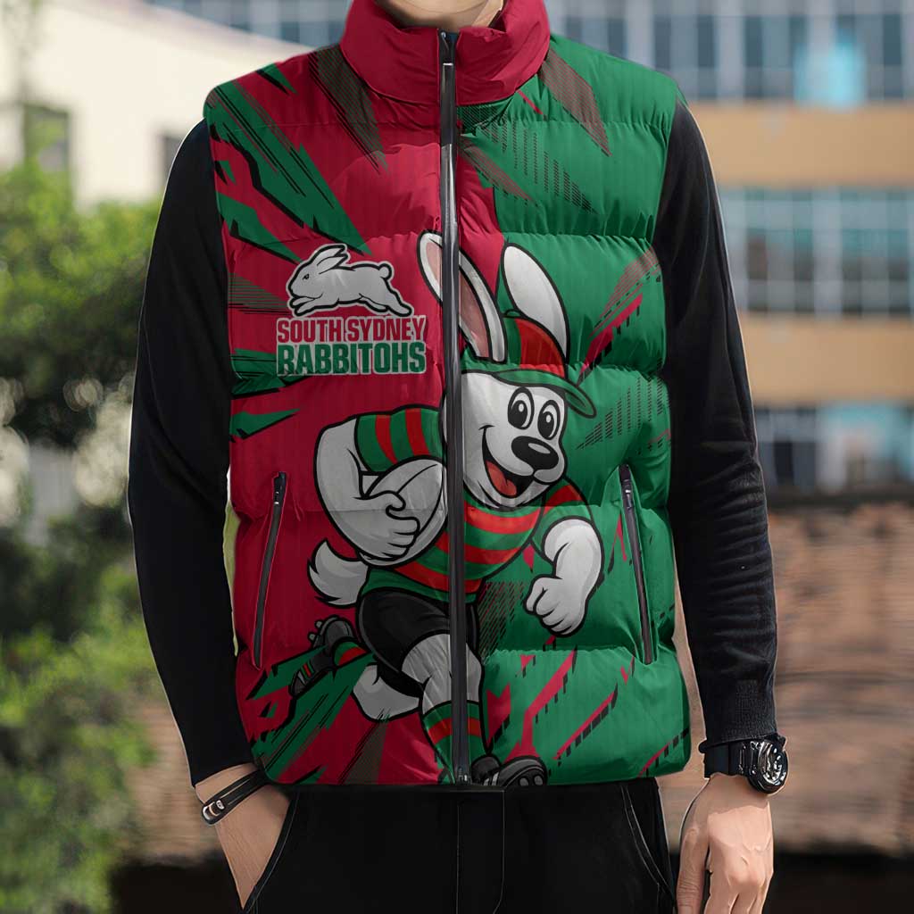 Personalized South Sydney Rabbitohs Sleeveless Puffer Jacket Dynamic Lightning Mascot Rugby Australia