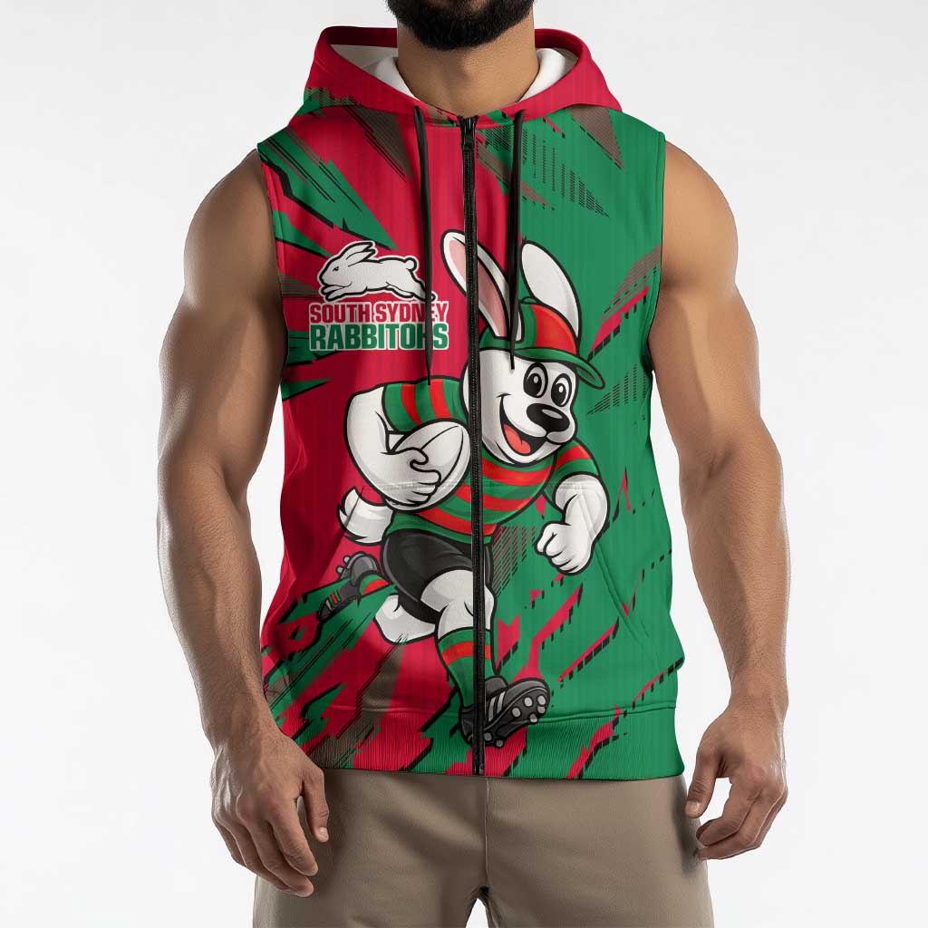 Personalized South Sydney Rabbitohs Sleeveless Zip Hoodie Dynamic Lightning Mascot Rugby Australia