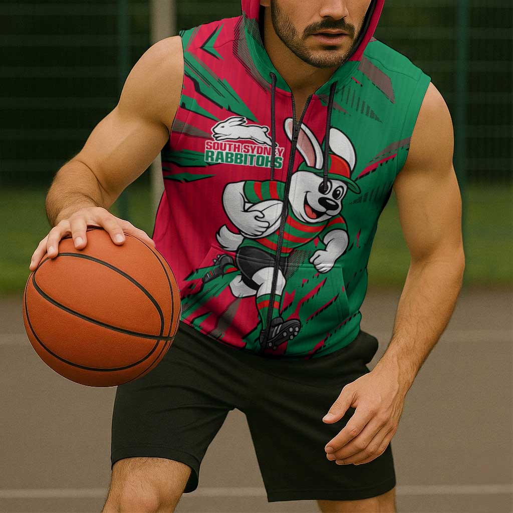 Personalized South Sydney Rabbitohs Sleeveless Zip Hoodie Dynamic Lightning Mascot Rugby Australia